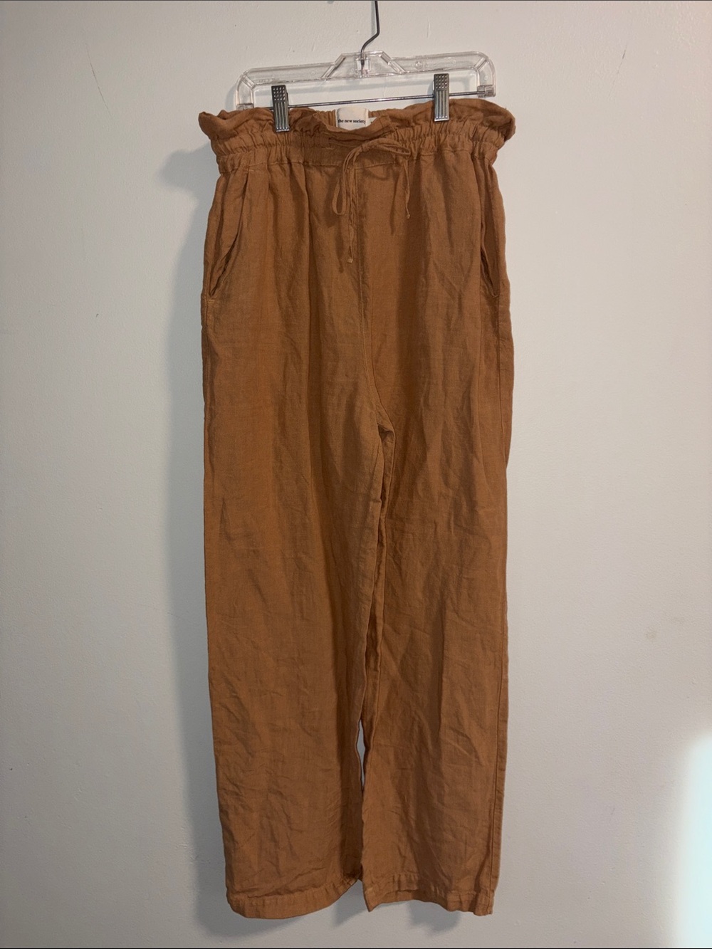 The New Society Wide-Leg Drawstring Linen Pants — Brown